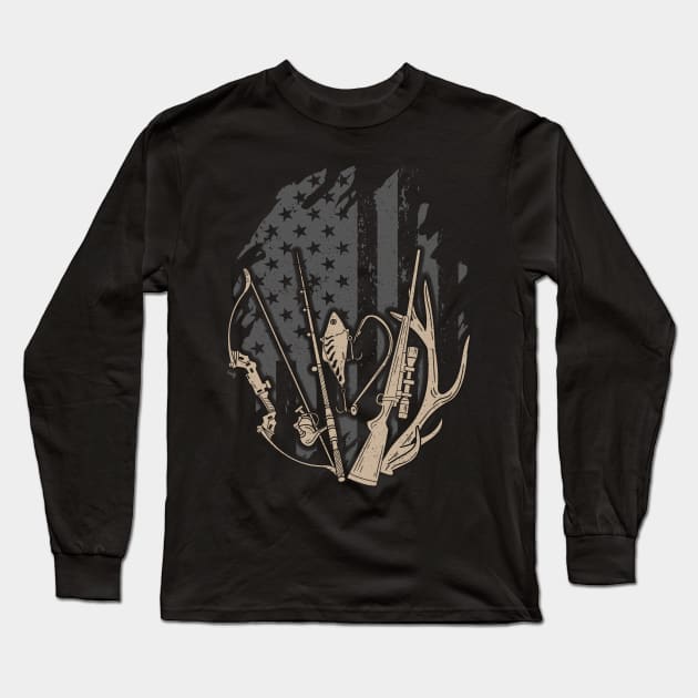 American Flag Fishing And Hunting Gifts Patriotic USA Hunter Long Sleeve T-Shirt by Proficient Tees